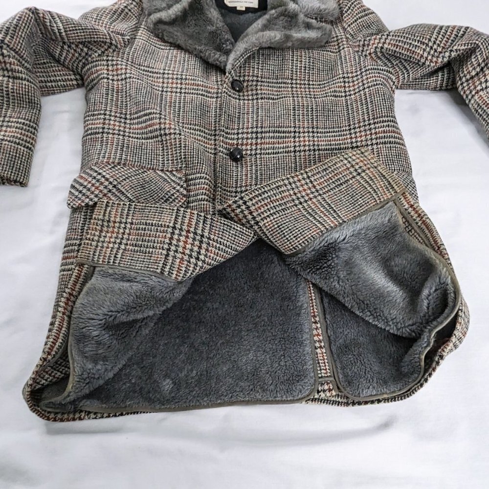 VTG Woolrich Gray Black Red Plaid Houndstooth Wool Fur Lined Long Coat 60s 70s - Picture 2 of 9